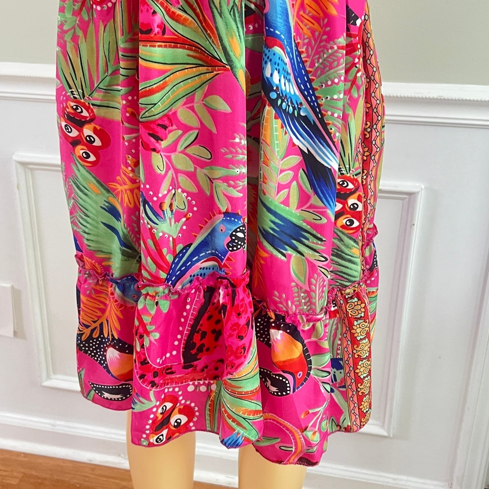 Dress Nado Tropical Bird Mini Dress S Womens Boho Mirror Embroidered Pink Kaftan - Picture 9 of 13